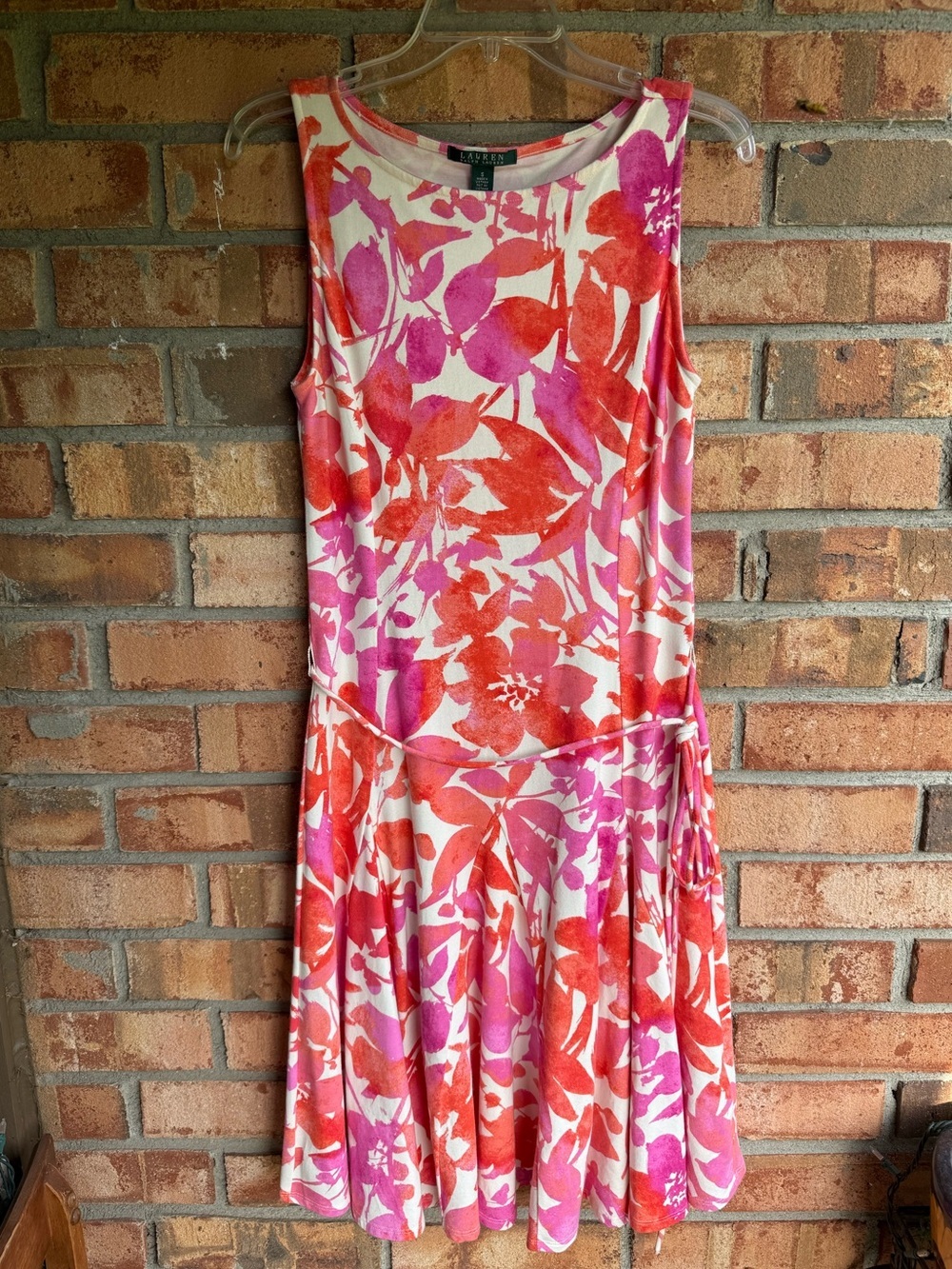 Ralph Lauren Pink and Orange Floral Sleeveless Fit and Flare Dress Cotton Modal
